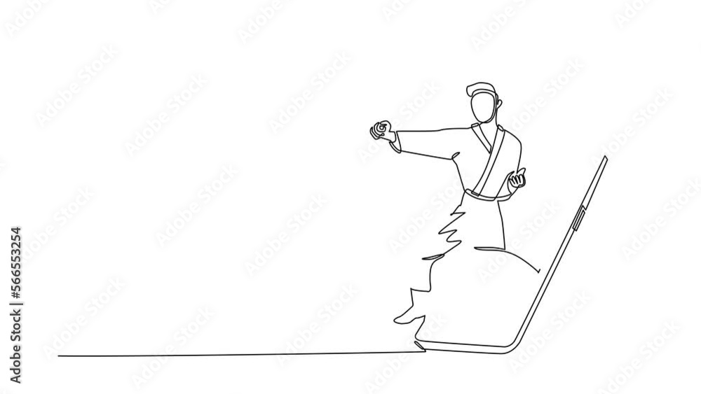 Poster self drawing animation of single line draw karateka man train with punch pose for duel fighting gett