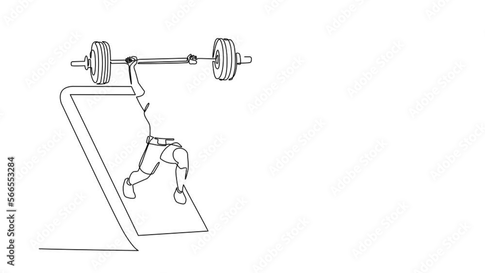 Poster self drawing animation of single line draw bodybuilder doing exercise with heavy weight bar getting 