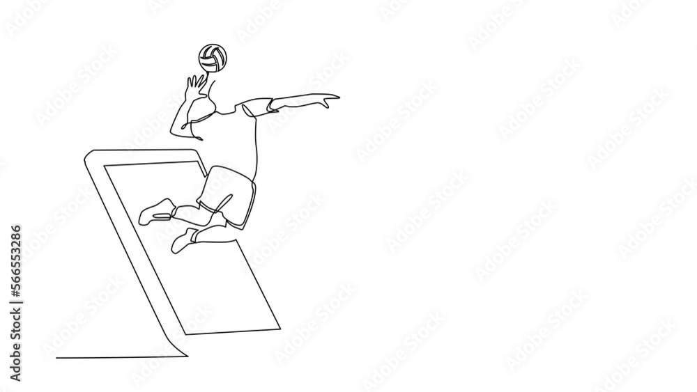 Poster animated self drawing of continuous line draw volleyball player in action jumping spike getting out 