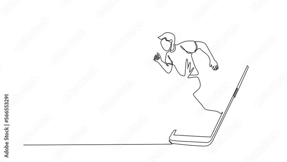 Poster self drawing animation of single line draw man runner focus to run fast at track, getting out of scr