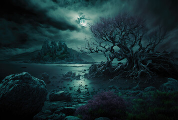 Mysterious gloomy night landscape. Generative AI - obrazy, fototapety, plakaty