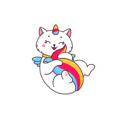 Cartoon cute caticorn character. Fantasy creature, cheerful kitten vector personage playing, hugging his rainbow tail. Kawaii magic unicorn cat with horn and wings, fairytale caticorn funny mascot