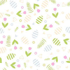 Easter seamless pattern with eggs, tulips and hearts