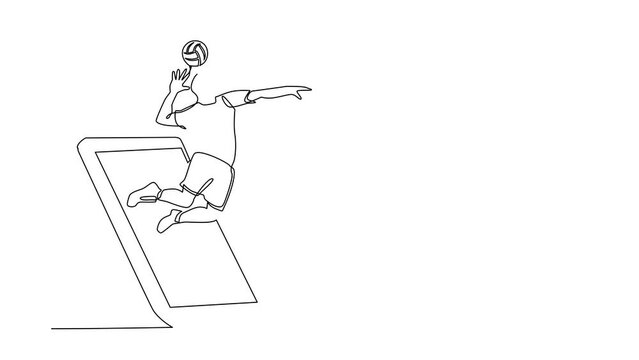Animated self drawing of continuous line draw volleyball player in action jumping spike getting out of smartphone. Mobile sports play matches. Online volleyball game. Full length single line animation