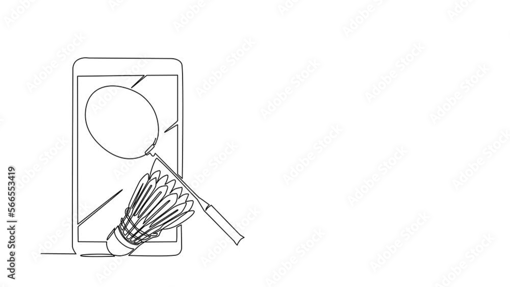 Poster animated self drawing of continuous line draw smartphone, badminton racket and shuttlecock. equipmen
