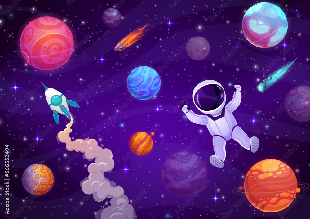 Poster cartoon astronaut in outer space. galaxy starry landscape. spaceman character flying in weightlessne