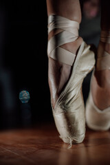Ballerina. Legs of a ballerina on pointe shoes close-up on a background. Classic and modern. pointe shoes