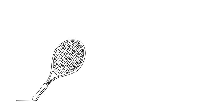 Animated self drawing of continuous line draw smartphone, tennis racket, ball equipment for competition play game. Sport tennis tournament and championship posters. Full length one line animation