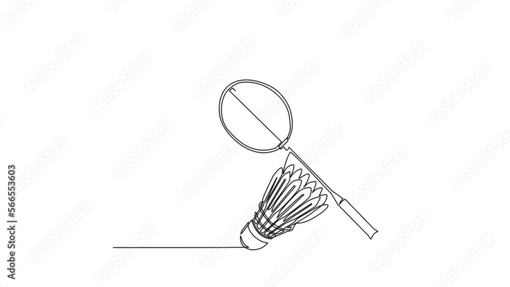 Poster animated self drawing of continuous line draw badminton racket, shuttlecock. equipments for badminto