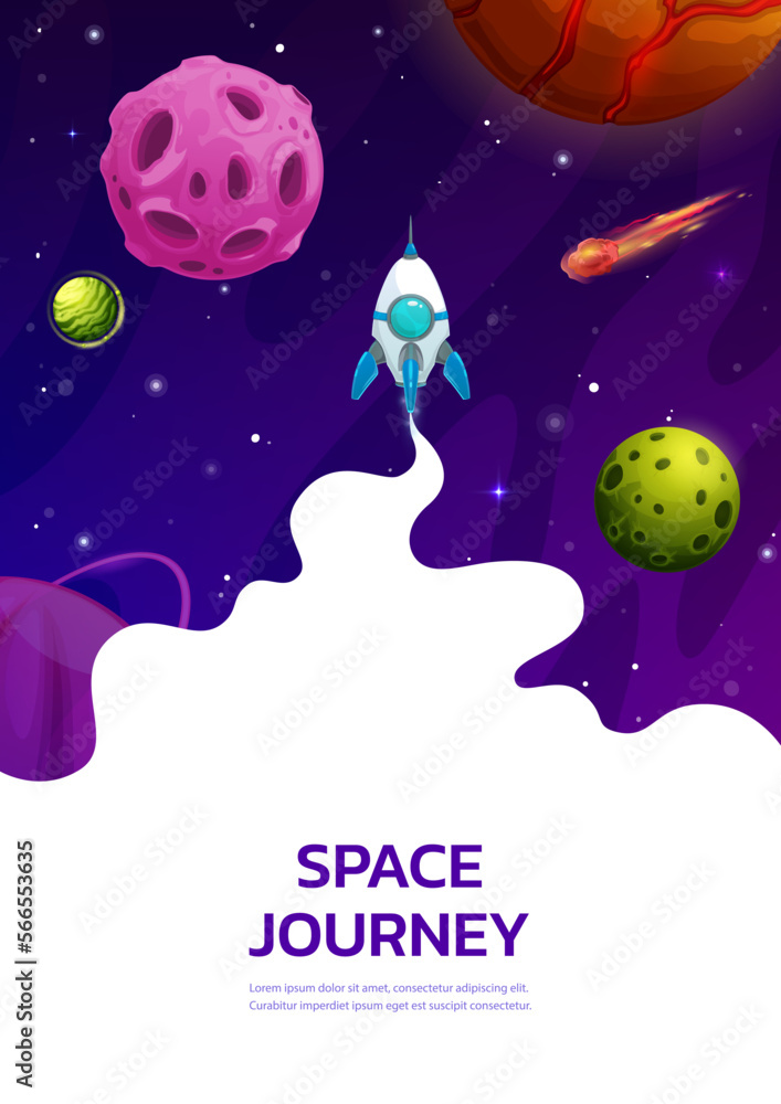 Poster Landing page space. Cartoon rocket in starry universe. Comet, space planets and stars on startup launch web page template, company internet site vector layout or business project banner background