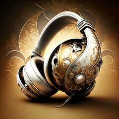 silver headphones with golden background music play sound bass wireless bluetooth technology party hobby free time disco dj black modern new style desing audio