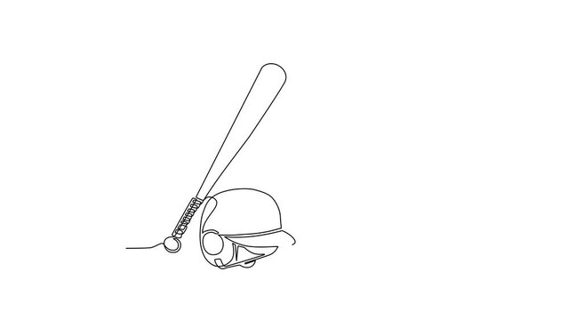 Animated self drawing of continuous line draw baseball, softball label. Ball helmet with wooden bat. Sporting symbol and mascot. Baseball equipment: ball, helmet. Full length single line animation