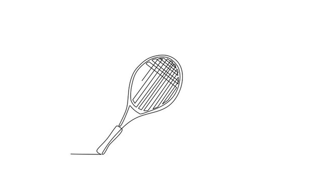 Animated self drawing of continuous line draw tennis racket, ball equipment for competition game. Sport tennis tournament and championship posters. Healthy activity. Full length single line animation