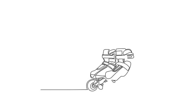 Self drawing animation of single line draw pair of old retro plastic quad roller skate shoes. Healthy sports. Classical inline skating boot equipment sport. Continuous line draw. Full length animated