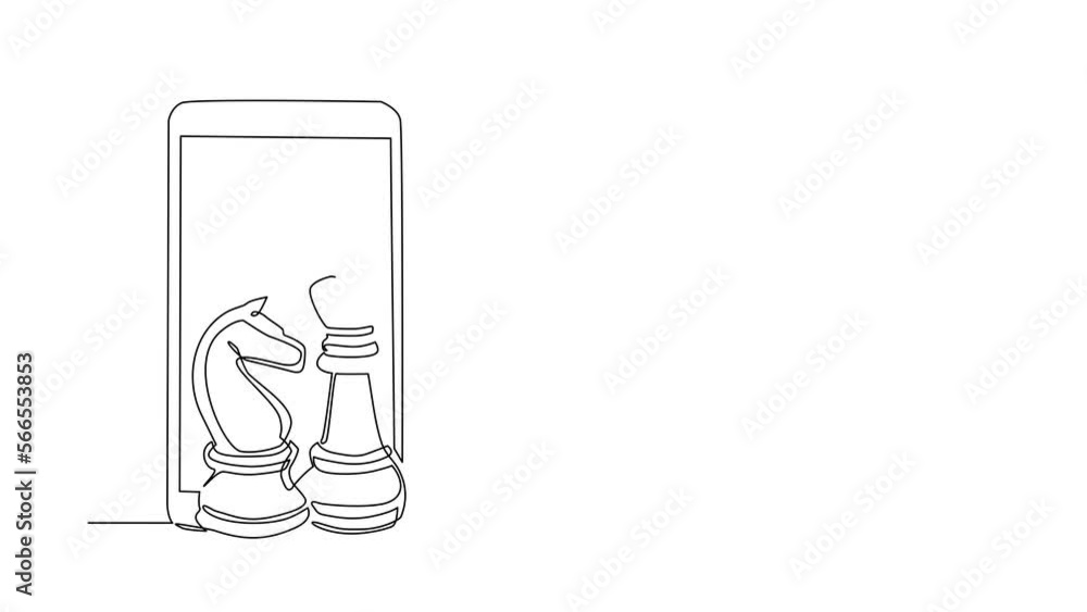 Poster animated self drawing of continuous line draw smartphone, chess pieces silhouette icon on white back