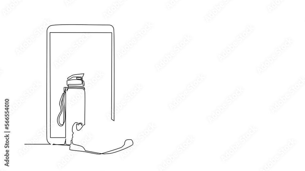 Aufkleber animated self drawing of continuous line draw running sneaker and mineral bottled water with smartph