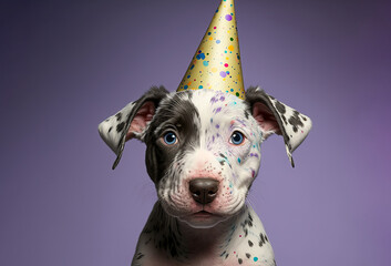 Cute dog wearing a celebration party hat, Generative ai