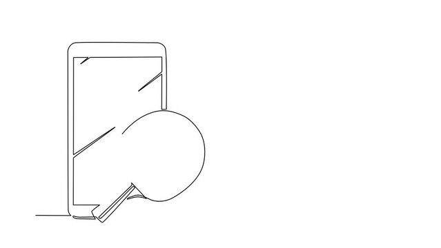 Self drawing animation of single line draw table tennis racket, ball with smartphone. Online ping-pong game. Virtual sports. Sport equipment table tennis. Continuous line draw. Full length animated