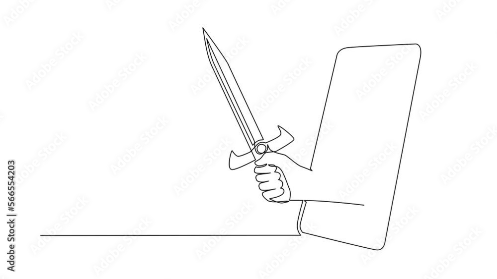 Poster animated self drawing of continuous line draw hand hold sword warrior through mobile phone. concept 