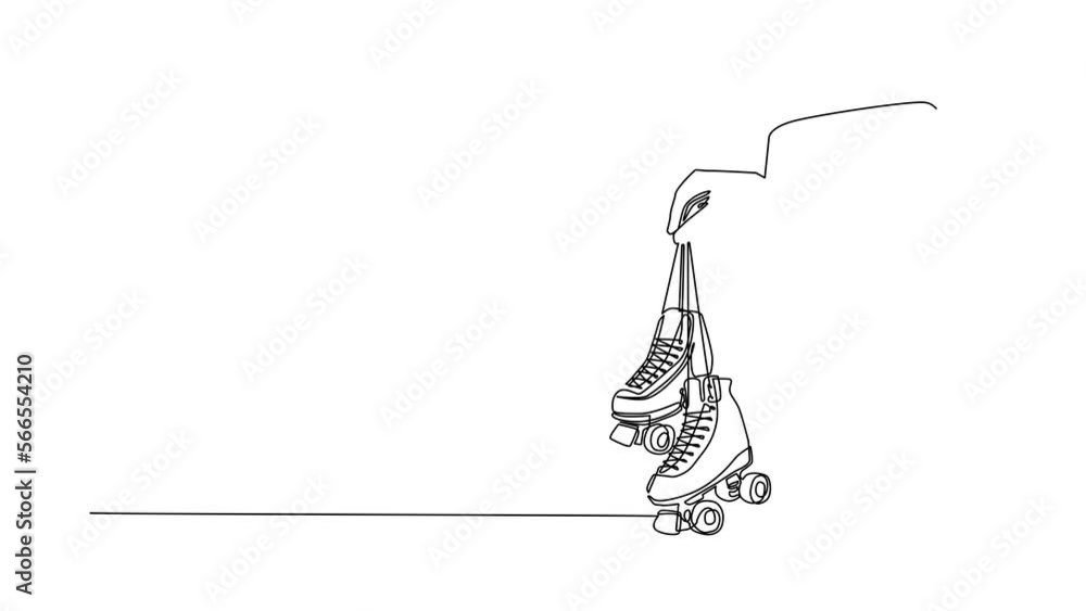 Aufkleber animated self drawing of continuous line draw player hand holds roller skates through mobile phone. 
