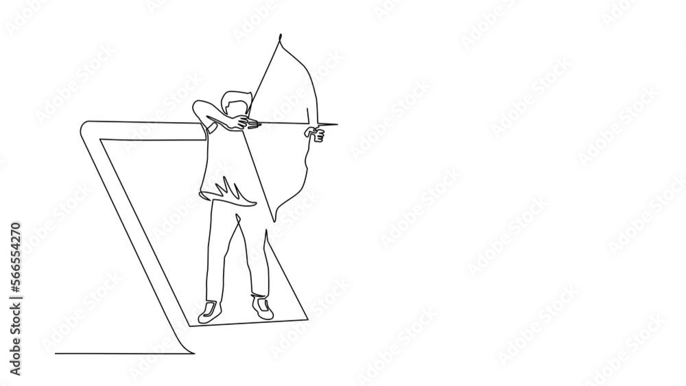 Poster self drawing animation of single line draw man with bow, arrow getting out of screen. mobile sports 