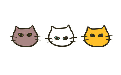つり目な3匹の猫のイラスト（グレー、白猫、イエロー）