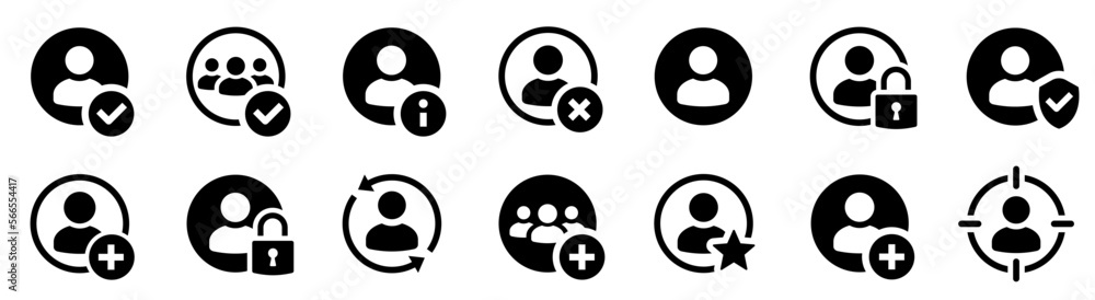 Poster user icon in flat style collection. person profile avatar with plus, check mark, user information, u