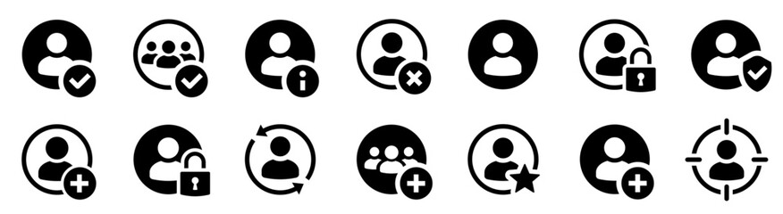 User icon in flat style collection. Person profile avatar with plus, check mark, user information, user lock, user security. Team user icon. Person profile avatar. Add user. Add account symbol. 