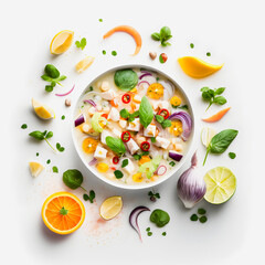 stunning Ceviche on white background food photography. Highlight the vibrant flavors of Latin America's beloved dish in a minimalistic and sophisticated way. Perfect for cookbooks, food blogs, menu