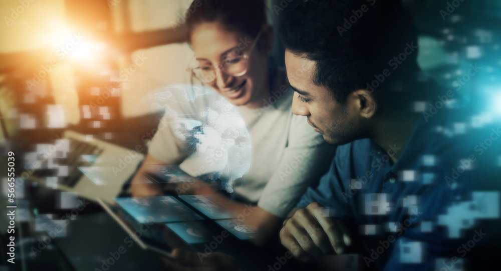 Fototapete creative business people, tablet and future networking in planning or collaboration at night in doub