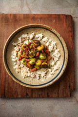 Burnt brussel sprouts with bacon and rice