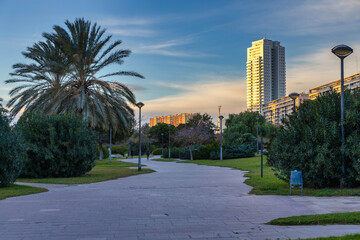 Pathway in the Turia park in Valencia at sunset, Spain
