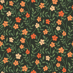 Seamless floral pattern: summer garden with vintage motif. Cute flower print, botanical background with hand drawn plants: small flowers, leaves, twigs on a green field. Vector illustration.