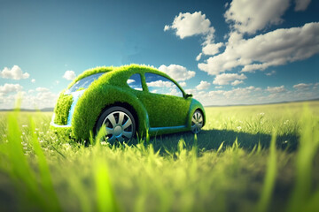 Fototapeta Eco friendly car development; clear ecology driving; no pollution and emmission transportation concept. green car icon on fresh spring meadow with blue sky in background. Generative AI obraz