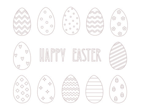 Outline easter eggs vector illustrations. Happy Easter line text