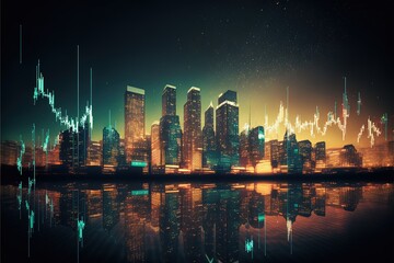 Obraz premium Futuristic city, nighttime, with data flowing, Neural networks worldwide, IA generative.