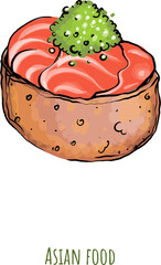 Vector color clipart Asian cuisine, roll with salmon, shrimp, vegetables. Sushi menu, ramen, rice cake. Restaurant food on a white background