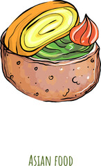 Vector color clipart Asian cuisine, roll with salmon, shrimp, vegetables. Sushi menu, ramen, rice cake. Restaurant food on a white background