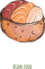 Vector color clipart Asian cuisine, roll with salmon, shrimp, vegetables. Sushi menu, ramen, rice cake. Restaurant food on a white background