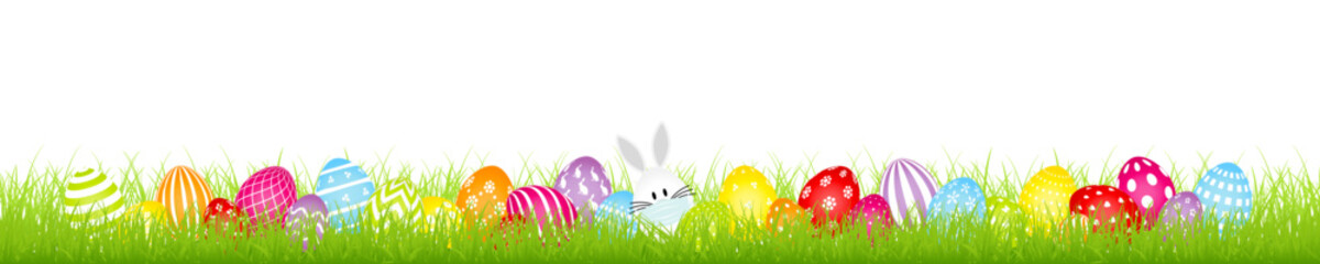 Weißes Hasenei Maske 28 Bunte Ostereier Muster Wiese Banner