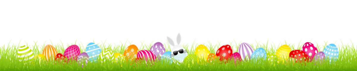Weißes Hasenei Maske Sonnenbrille 28 Bunte Ostereier Muster Wiese Banner