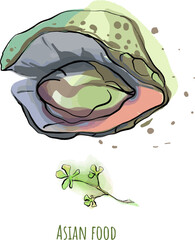 Delicious Asian restaurant dishes, snacks. Set, frame, pattern. Sweets, sashimi, ramen, pancakes, fish pie, toki boki, fish