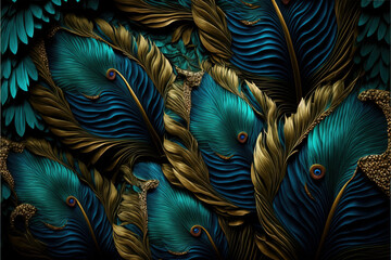 Stylish dark feather texture background. Colorful peacock feathers,Shallow Dof. Peacock feather , close up of black and gold feathers background. Top view