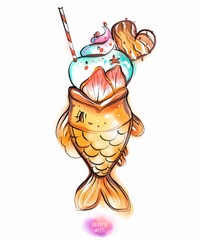Vector watercolor clipart on a white background Asian sweets fish. Waffles, cookies, ice cream stuffed with fruit, chocolate, nuts.