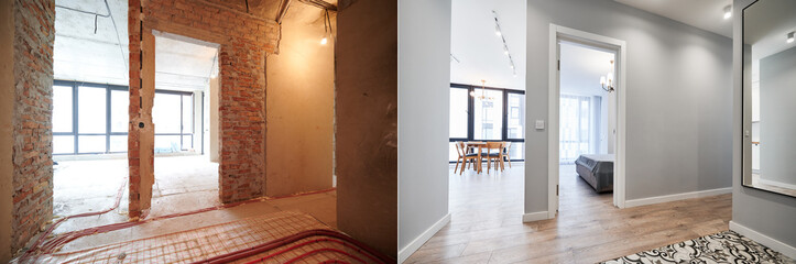 Living room and bedroom with large windows and doors before and after refurbishment or restoration. Old apartment before renovation and new renovated flat with parquet floor and furniture.