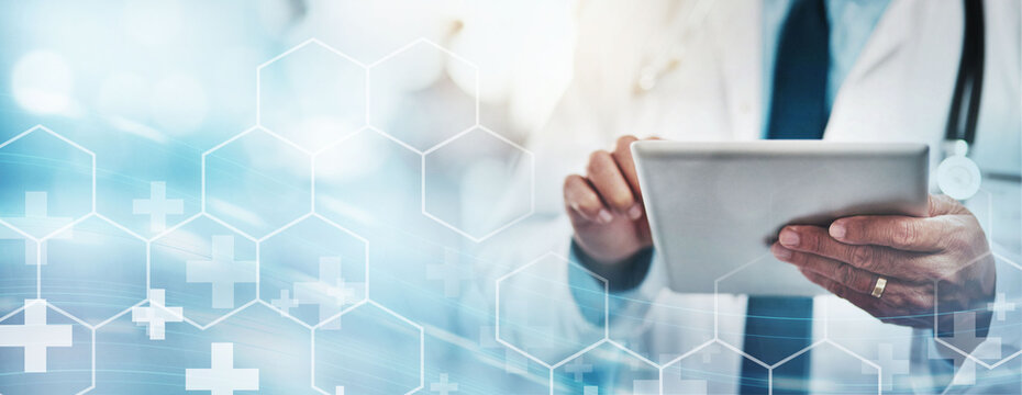 Healthcare, doctor with tablet and technology transformation overlay, digital health system and online medical info. Hospital data, physician hands in medicine mockup, tech innovation and research