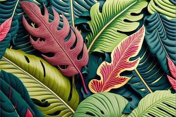 Abstract tropical leaves and flowers background. Realistic clay render illustration