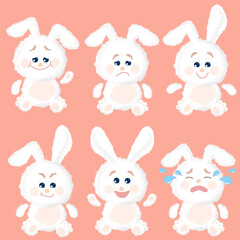 Set of cute cartoon fluffy bunnies emotions: happy awakening, sad, smile, cunning, joy, crying. Vector illustration.