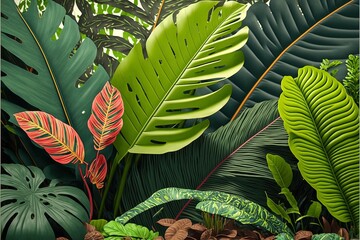 Abstract tropical leaves and flowers background. Realistic clay render illustration