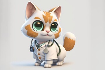 Doctor Cat 3d in a white medical coat on white background, ai generated